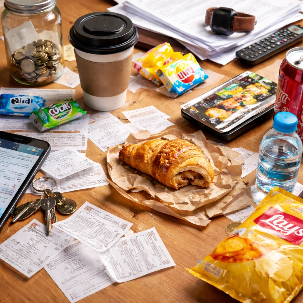 Małe wydatki w budżecie domowym: paragony, drobne zakupy i przekąski rozłożone na stole