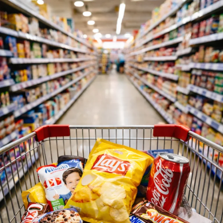 Małe wydatki w budżecie: impulsywne zakupy w alejce sklepowej i pełny koszyk przekąsek