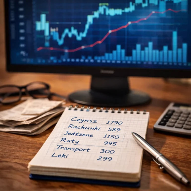 Notatki z domowego budżetu na biurku, w tle monitor z wykresami zysku i kalkulator