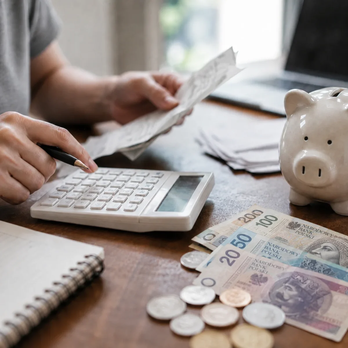 Obliczanie poduszki finansowej przy kalkulatorze, rachunkach i polskich banknotach