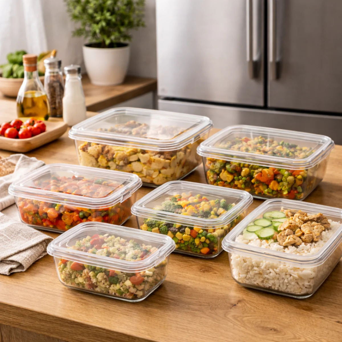Szklane pojemniki z jedzeniem na kilka dni ustawione na stole obok lodówki.