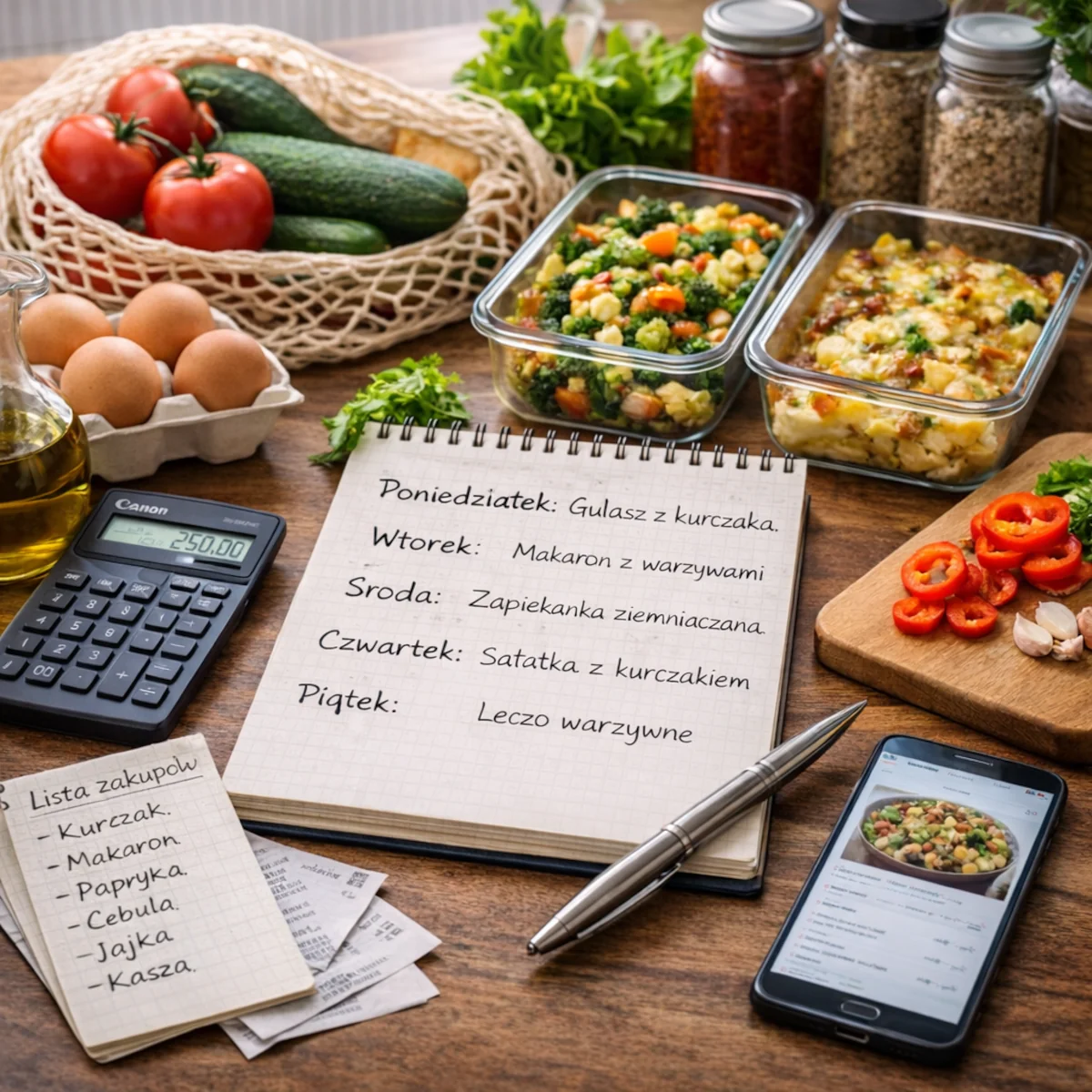 Obiad dla dwóch dorosłych i dziecka na zwykłym stole – ryż z kurczakiem i warzywami.