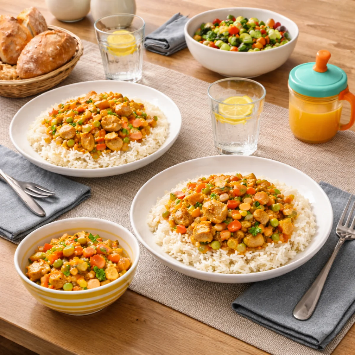 Plan posiłków na 5 dni zapisany w notatniku obok kalkulatora i składników na drewnianym stole kuchennym.