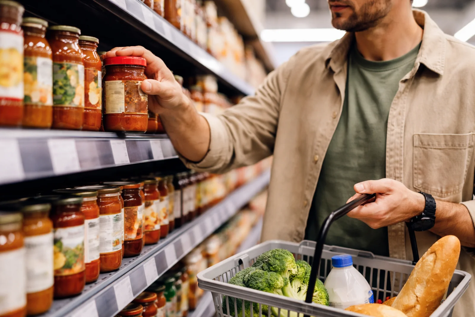 Mężczyzna odkłada słoik z produktem na półkę sklepową podczas challenge 7 dni bez zakupów