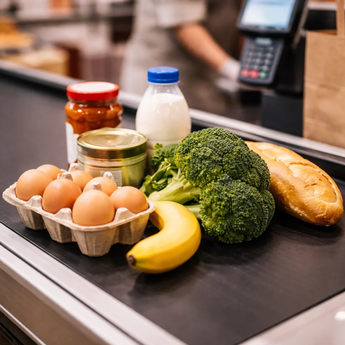 Podstawowe produkty wyłożone na taśmie przy kasie w trakcie challenge 7 dni bez zakupów