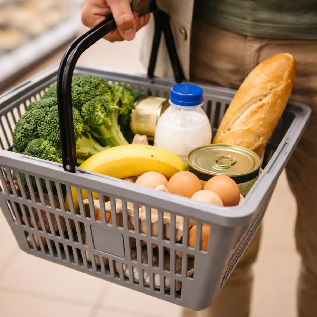 Skromny koszyk zakupowy z podstawowymi produktami podczas challenge 7 dni bez zakupów