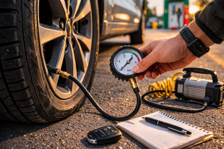 Sprawdzanie ciśnienia w oponie samochodu przed podłączeniem manometru przy kole auta