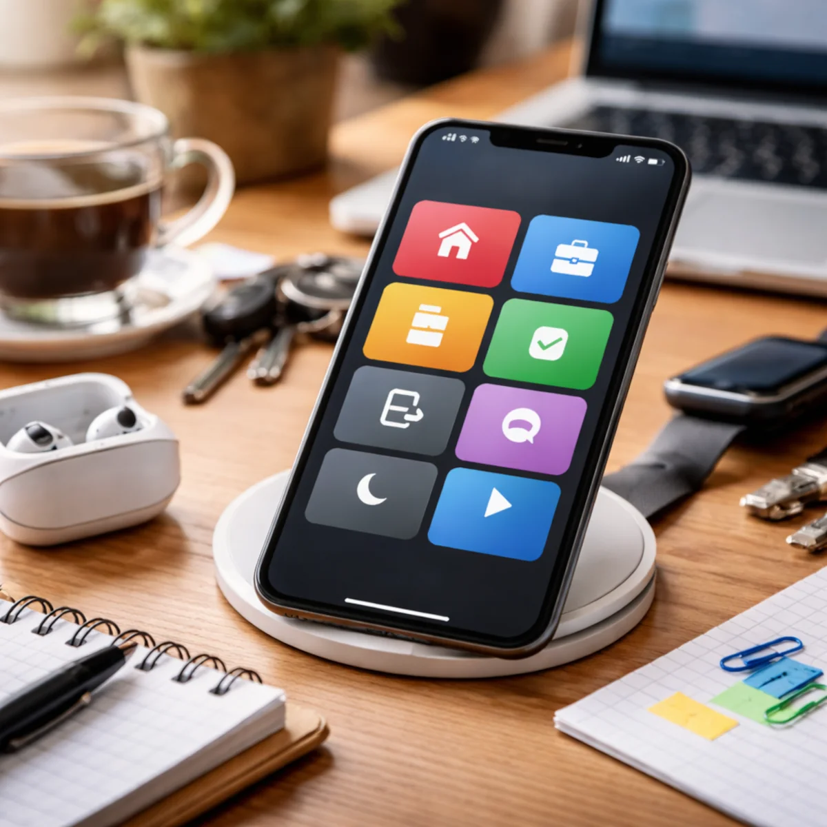 Smartfon z zegarem na ekranie leżący na biurku, gotowe skróty w telefonie do domu i pracy oraz ustawienia ustaw i zapomnij