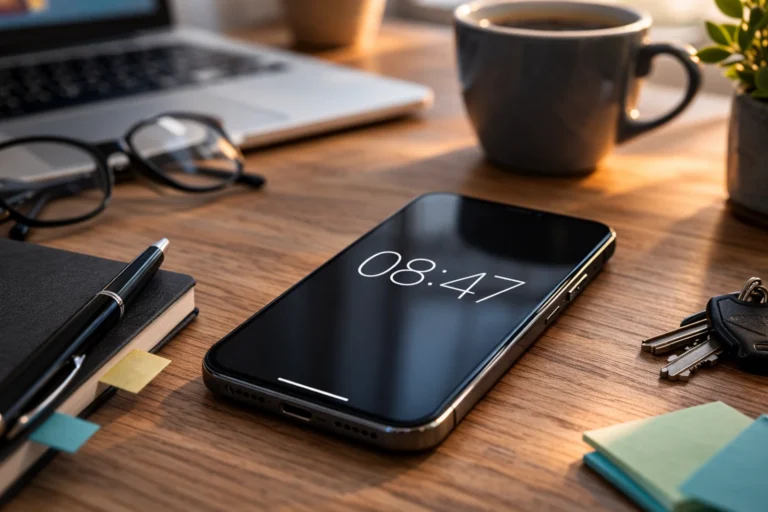 Smartfon na drewnianym biurku w domowym biurze, przykład jak gotowe skróty w telefonie pomagają oszczędzać czas