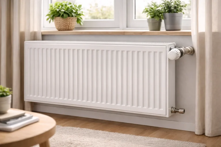 Grzejnik panelowy z małą głowicą termostatyczną pod oknem w jasnym pokoju dziennym