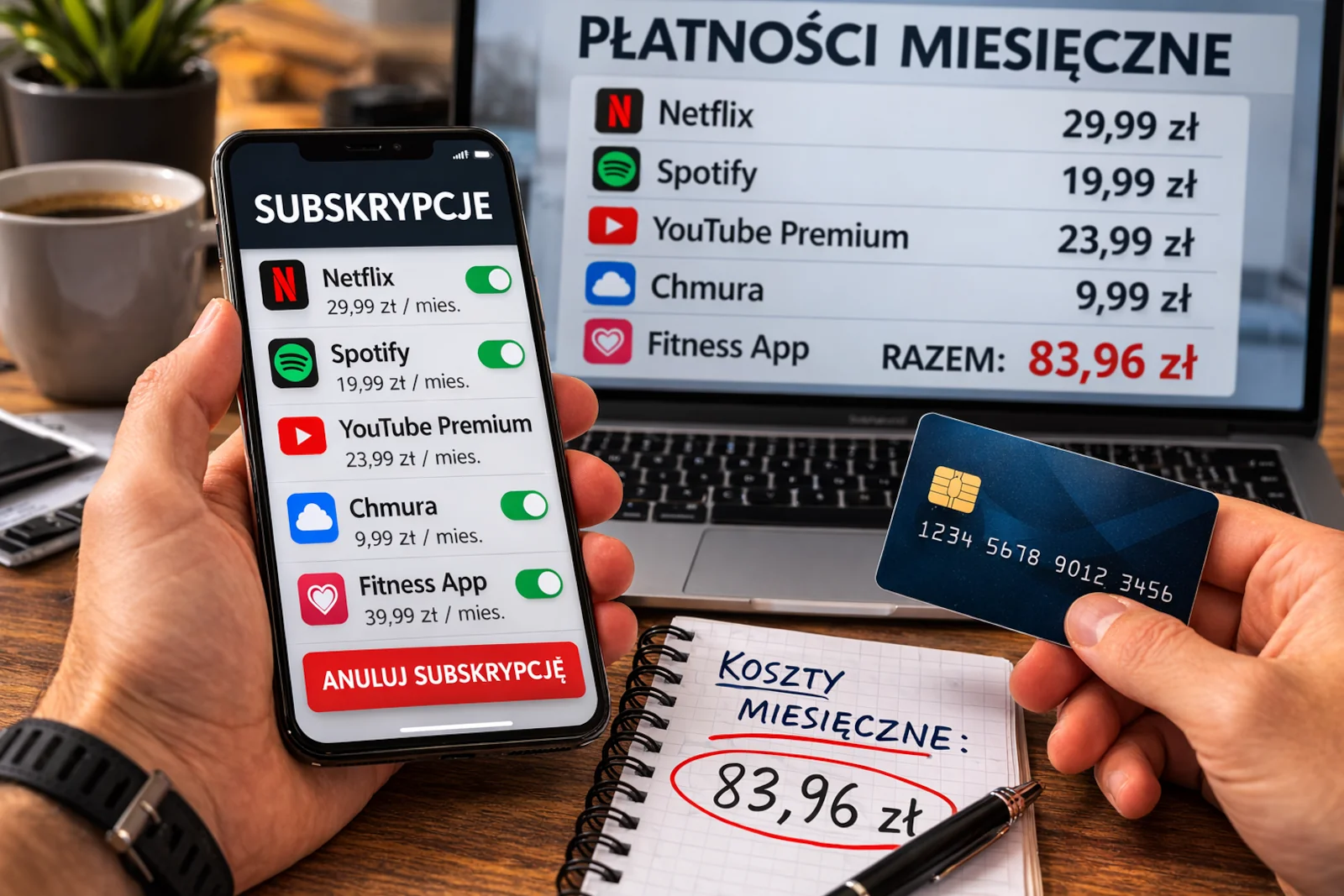 Mężczyzna analizuje koszty subskrypcji przy biurku, sprawdza miesięczne opłaty i porządkuje płatności cykliczne.
