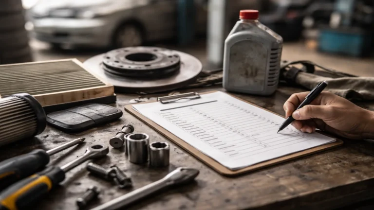 Warsztat samochodowy z listą serwisową, narzędziami, filtrem i częściami eksploatacyjnymi na stole roboczym