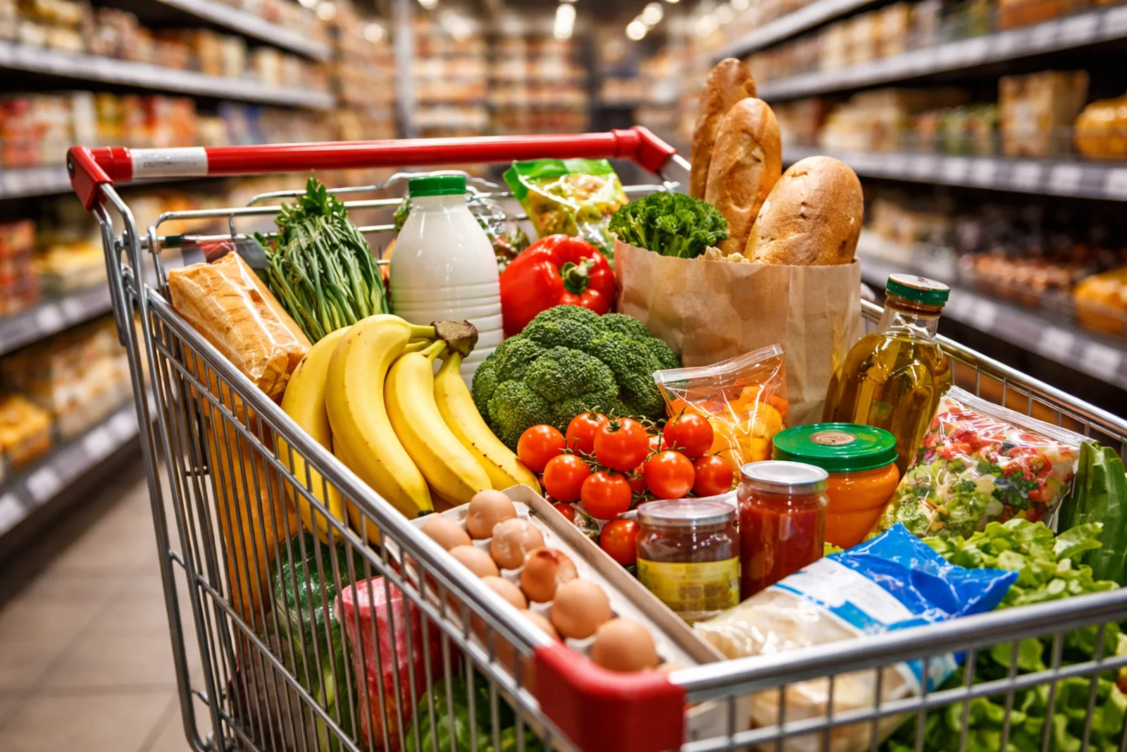Koszyk pełen produktów spożywczych w alejce sklepowej jako przykład codziennych wydatków wpływających na budżet
