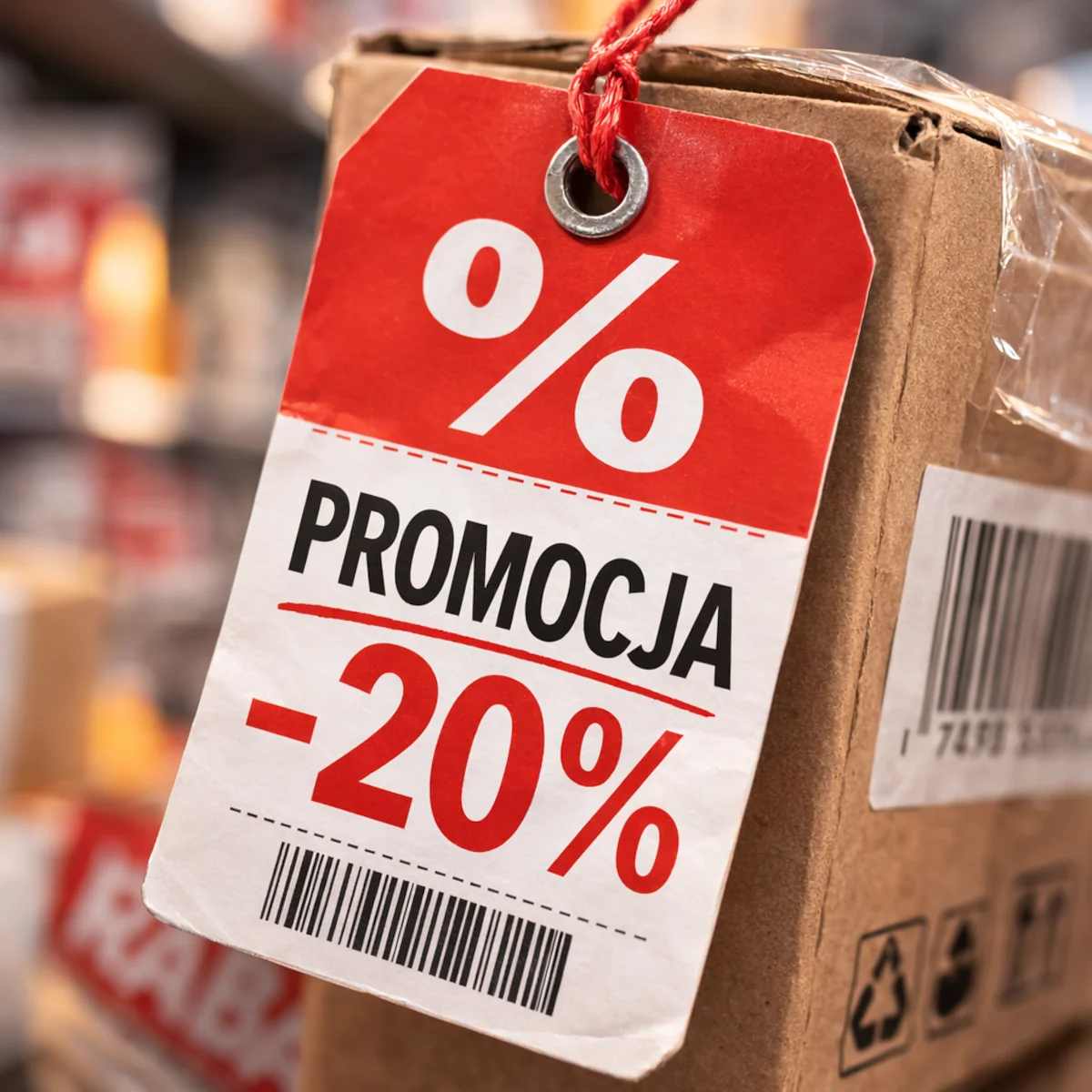 Metka promocyjna na ubraniu z obniżką 50 procent i nową ceną na swetrze