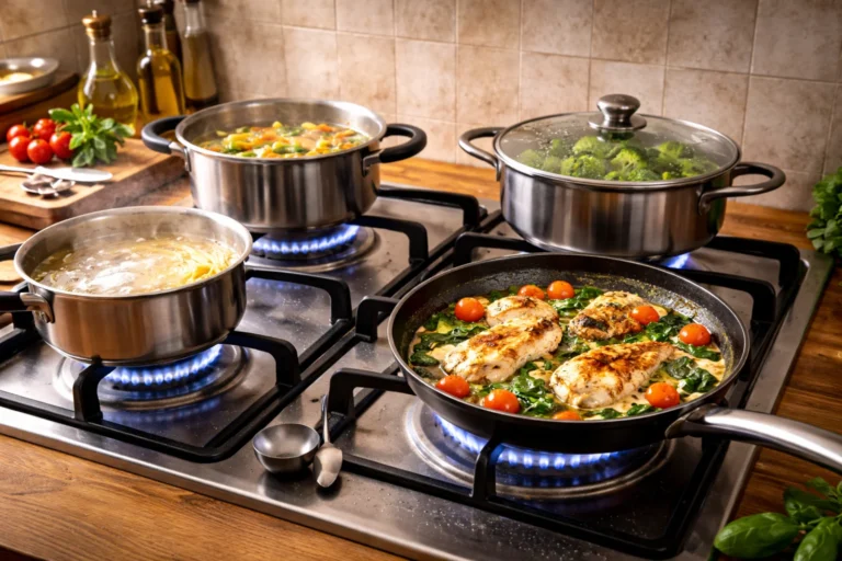 Kuchenka gazowa z czterema palnikami i gotującymi się potrawami w domowej kuchni