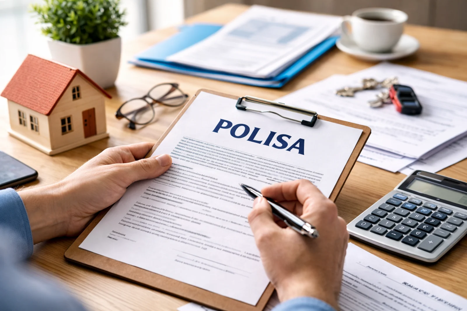 Mężczyzna przegląda polisę ubezpieczenia mieszkania przy biurku z modelem domu, kalkulatorem i kluczami