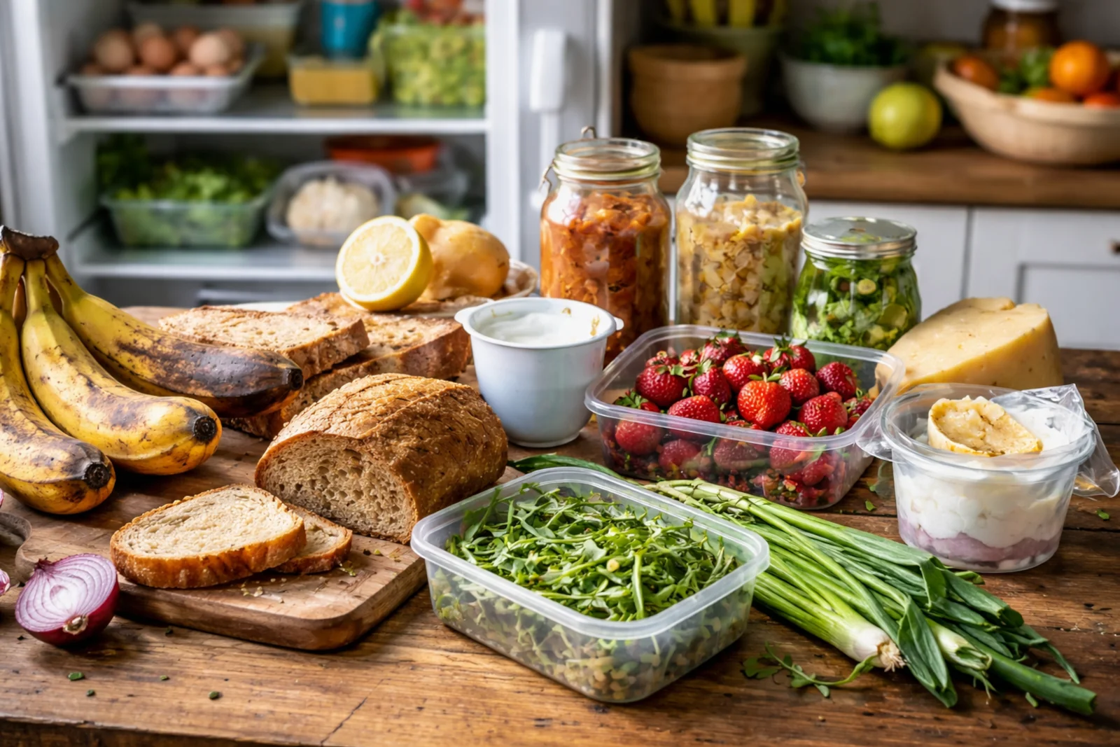 Produkty które najczęściej się marnują na kuchennym blacie obok otwartej lodówki