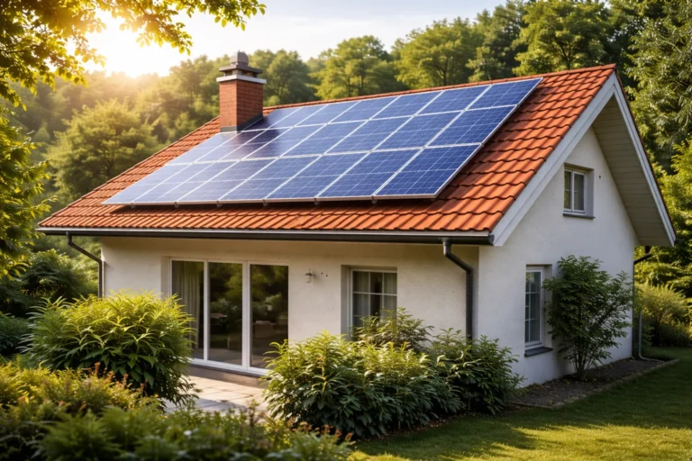 Dom z fotowoltaiką na dachu jako tło do porównania taryf PGE G11 i G12