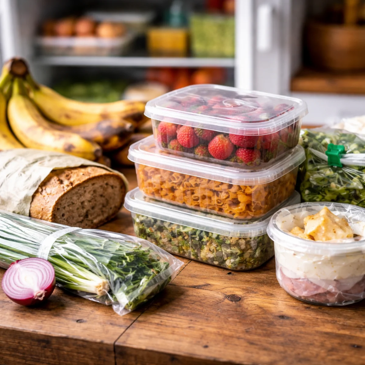 Produkty które najczęściej się marnują ułożone na blacie w kuchni