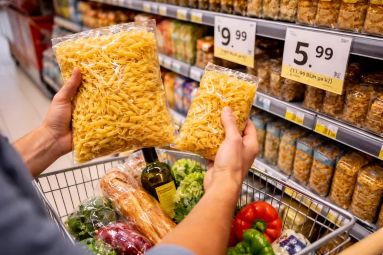 Porównanie dużego i małego opakowania makaronu w sklepie podczas sprawdzania opłacalności zakupu