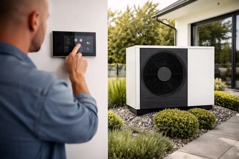 Pompa ciepła przy nowoczesnym domu oraz sterownik do ustawiania harmonogramu pracy ogrzewania