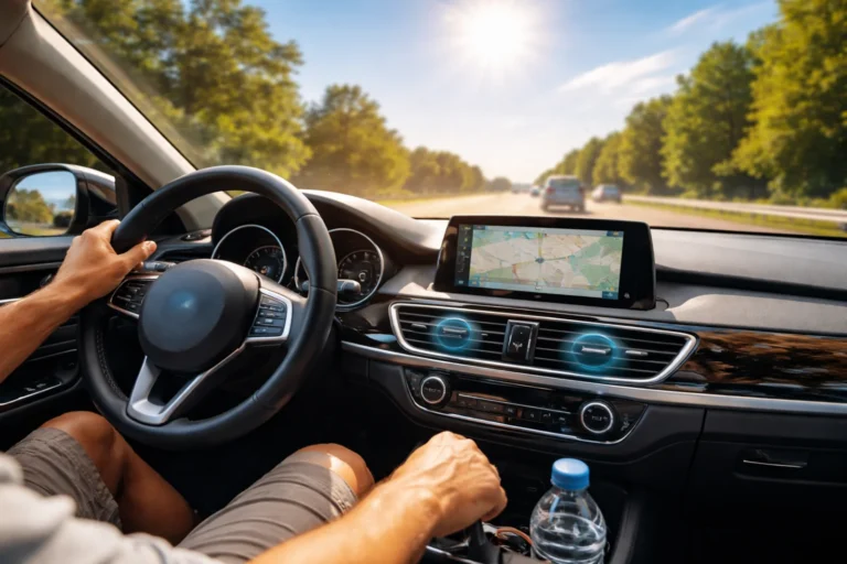 Auto jadące w upalny dzień z włączoną klimatyzacją – widok z wnętrza samochodu