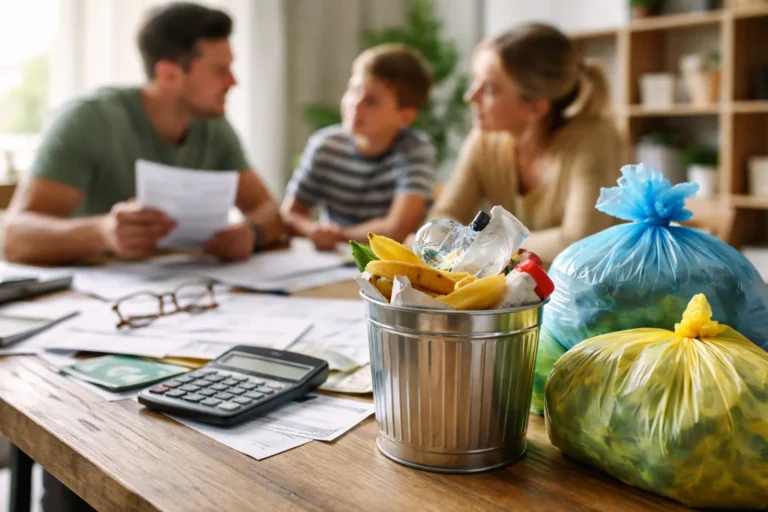Rodzina analizuje domowe rachunki i opłatę za śmieci przy stole z workami na odpady i kalkulatorem
