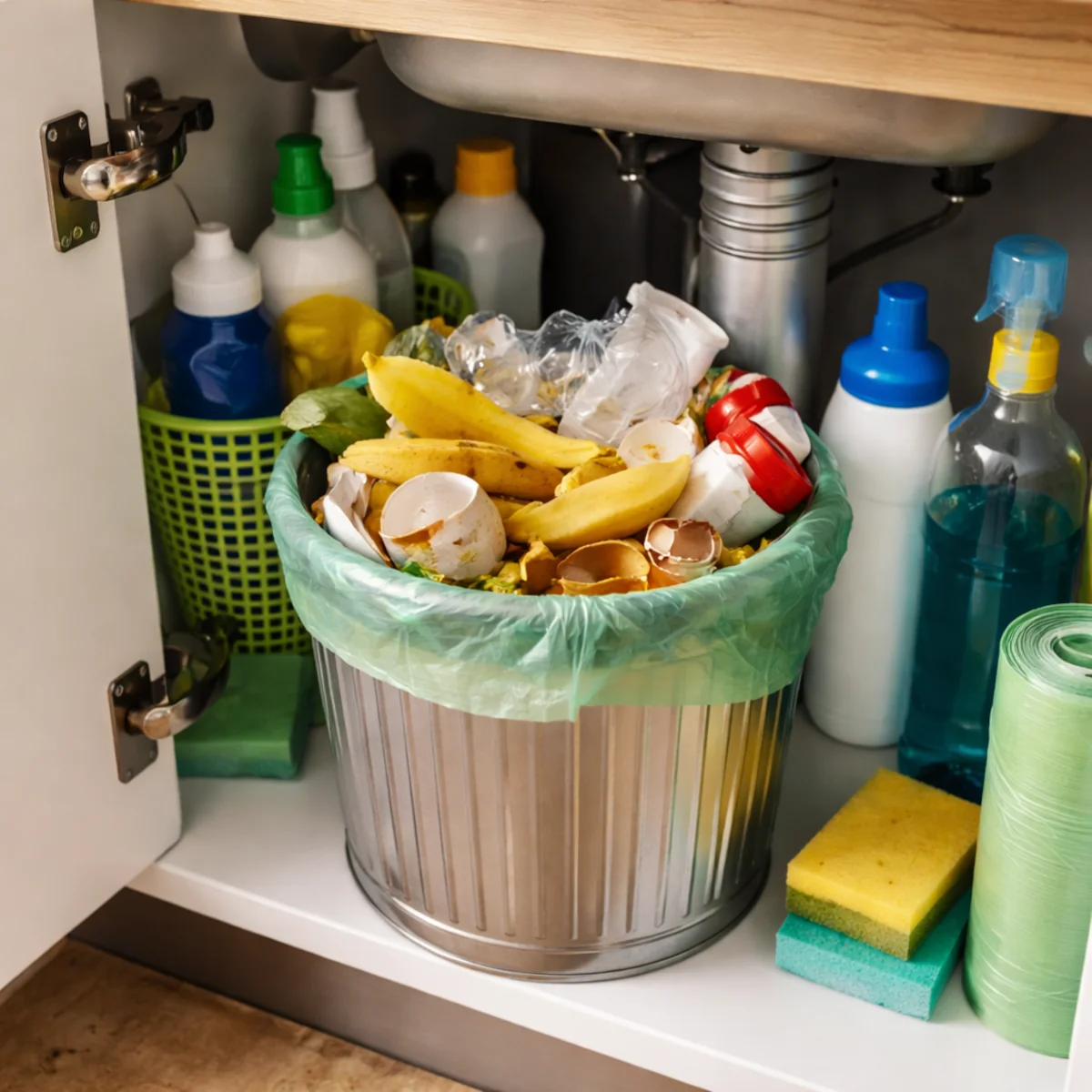 Pełen kosz na śmieci pod zlewem w kuchni z odpadami i środkami czystości