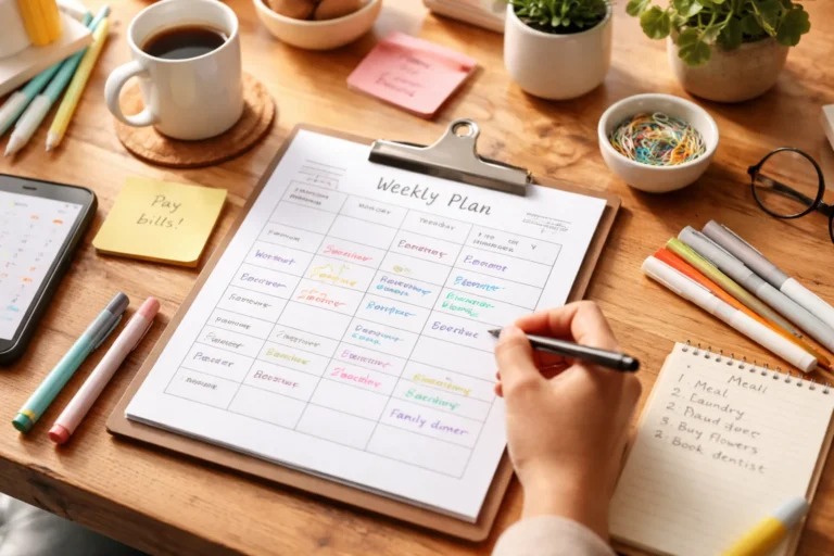 Plan tygodnia rozpisany na kartce leżącej na biurku obok kawy, telefonu i notatnika