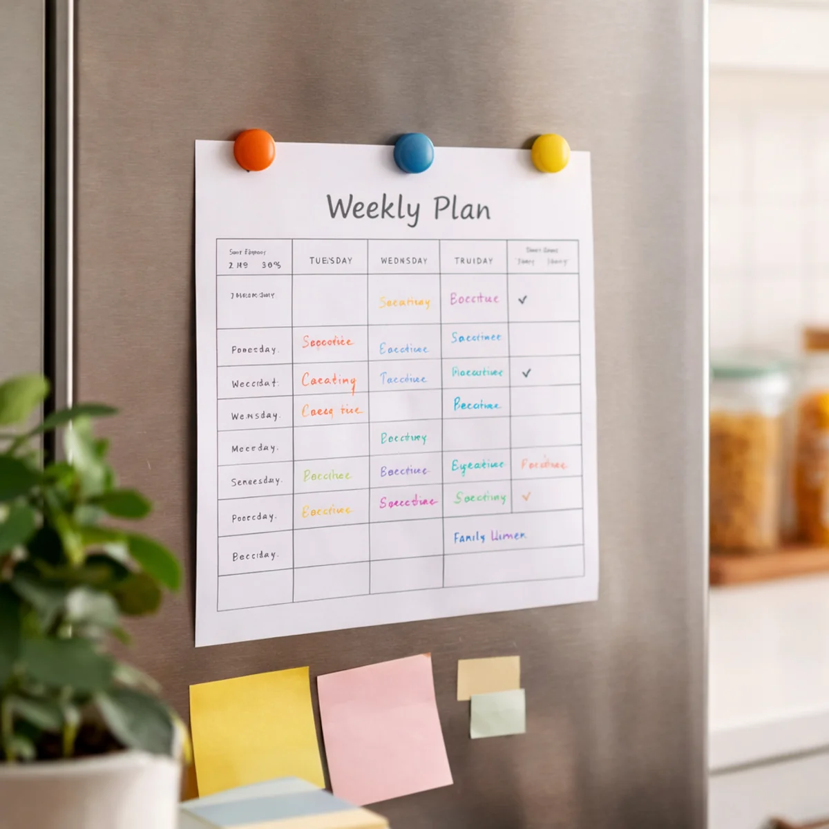 Kartka z planem tygodnia przypięta magnesami do lodówki w kuchni