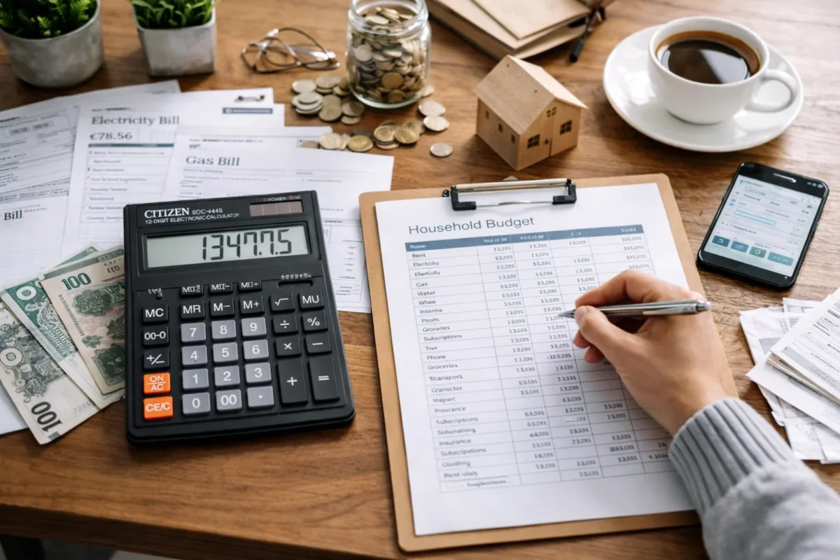 Audyt domowych rachunków przy stole z kalkulatorem, dokumentami i listą wydatków
