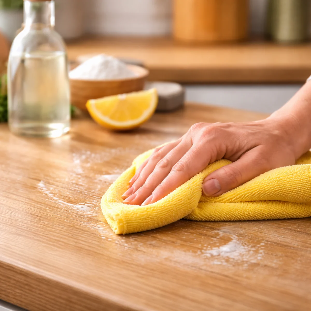 Czyszczenie kuchennego blatu wilgotną żółtą ściereczką podczas taniego sprzątania