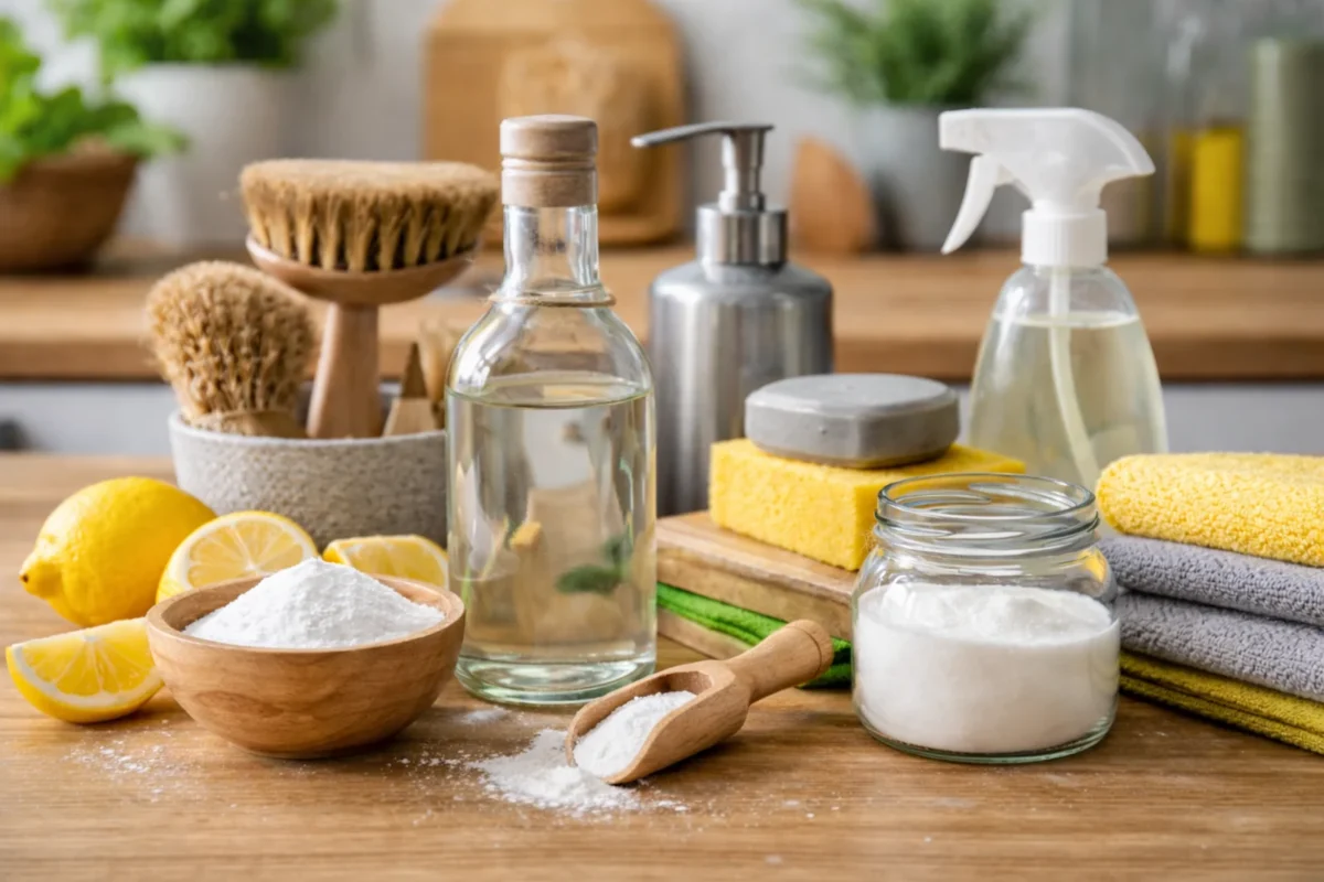 Tanie środki do sprzątania ułożone na kuchennym blacie – ocet, soda, kwas cytrynowy, gąbki i ściereczki