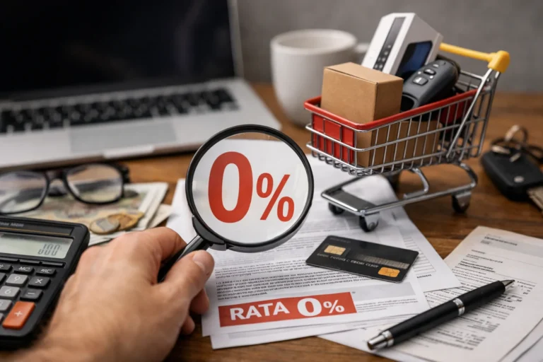 Biurko z dokumentami, kalkulatorem, kartą płatniczą i lupą powiększającą symbol 0 procent przy zakupach na raty.