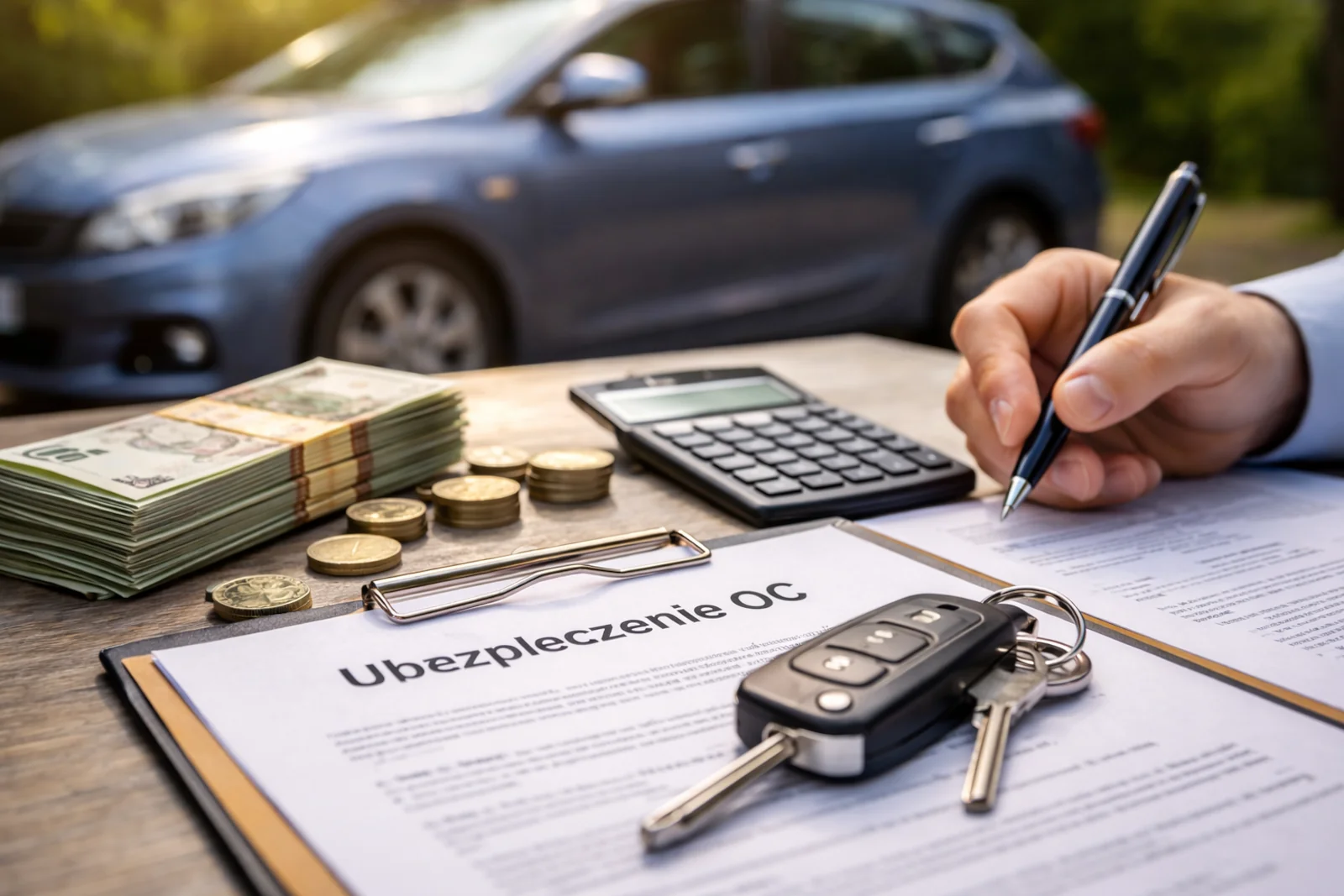Dokument ubezpieczenia OC, kluczyki do auta, kalkulator i pieniądze na stole przy samochodzie