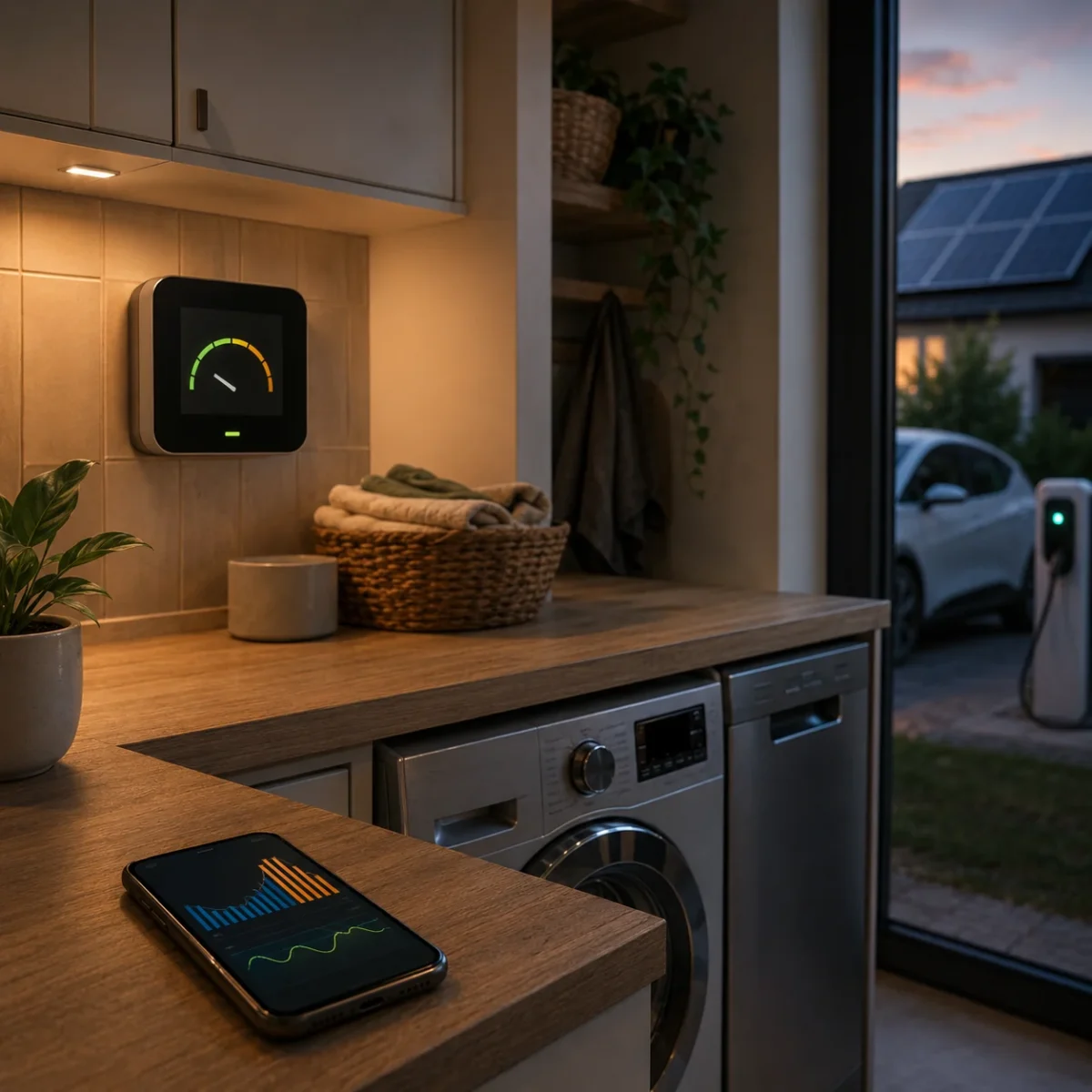 Smartfon z wykresem zużycia energii na blacie w nowoczesnej pralni z widokiem na fotowoltaikę i ładowarkę auta