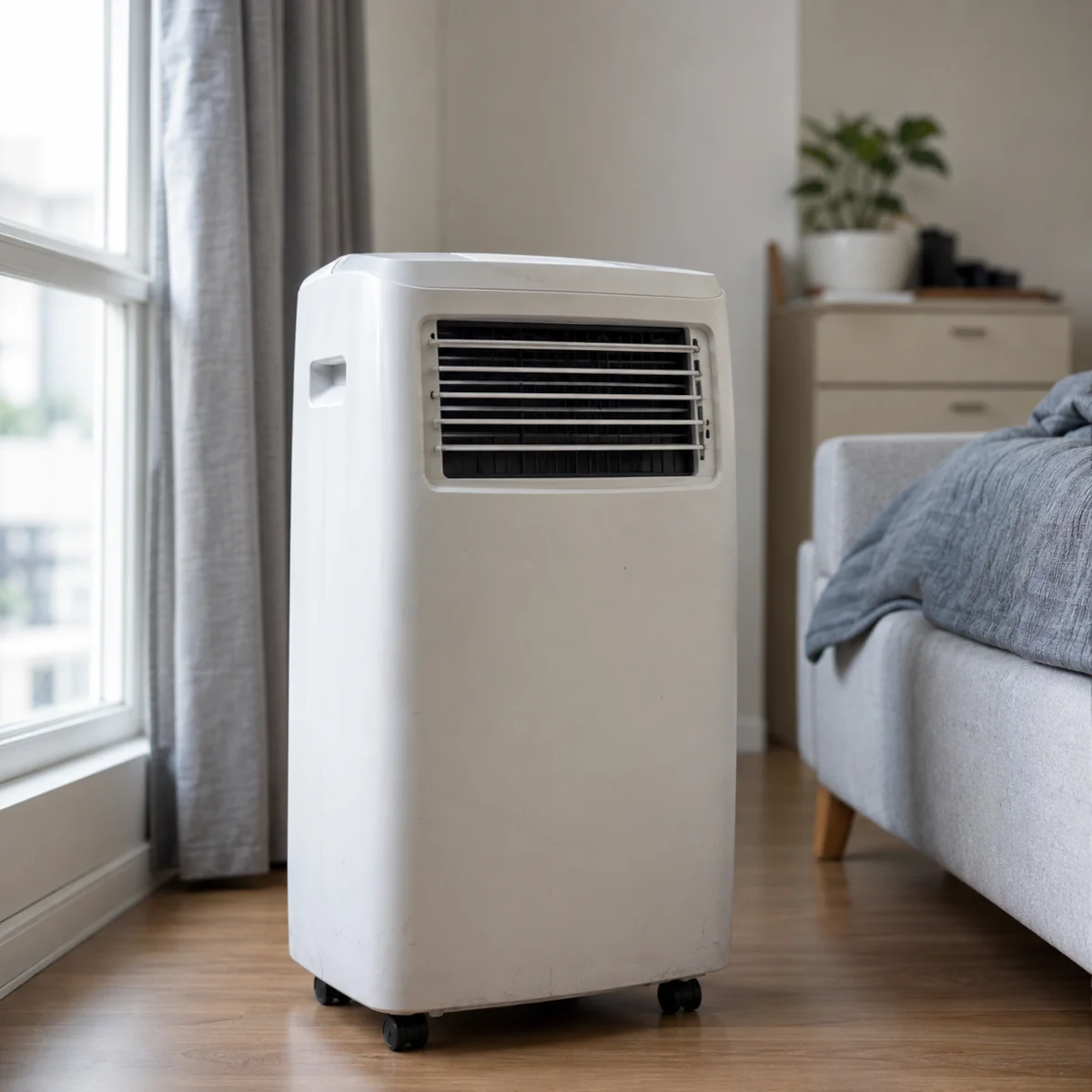 Klimatyzator przenośny bez widocznej rury stojący obok okna w jasnym pokoju