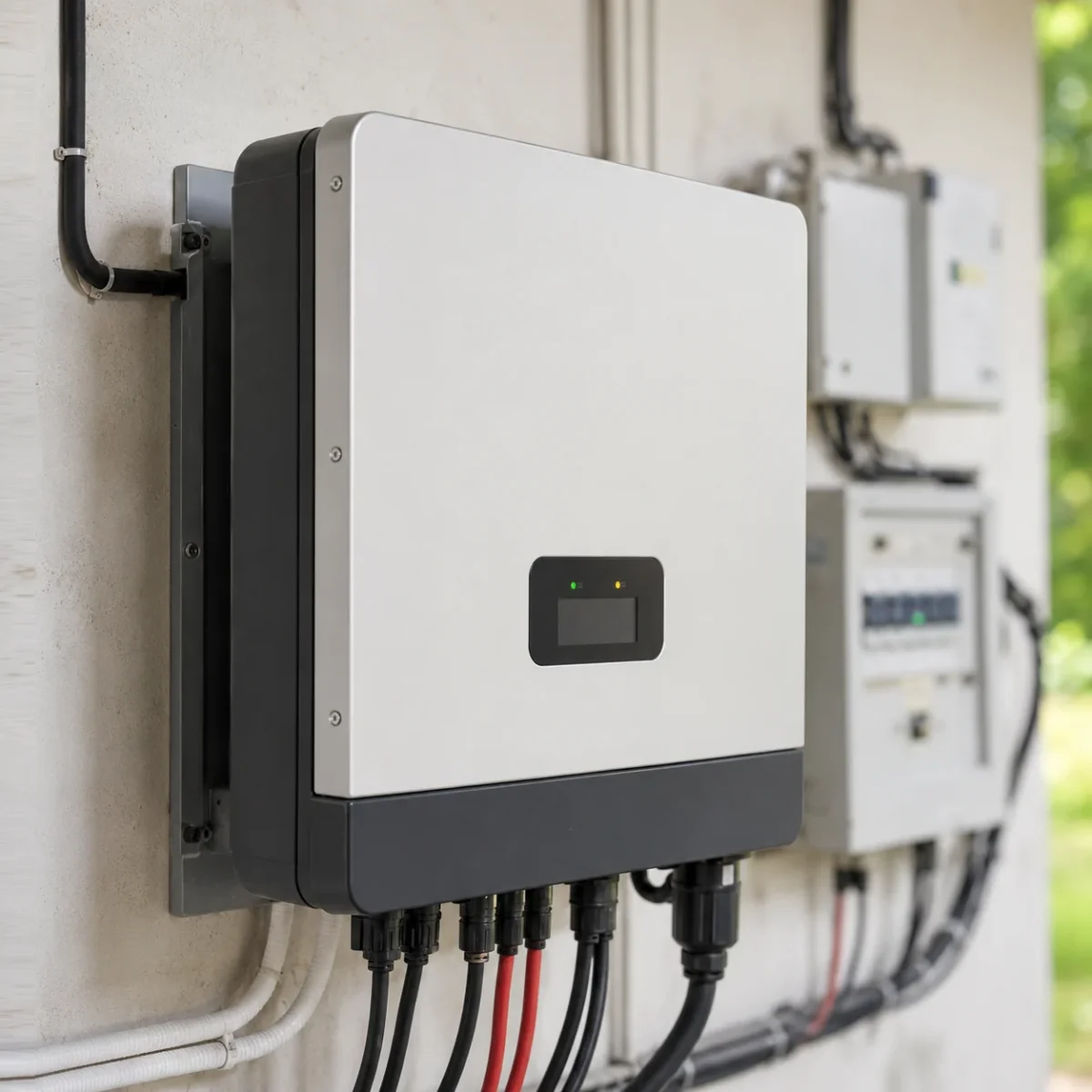 Zbliżenie na inwerter fotowoltaiczny zamontowany na ścianie z przewodami i instalacją elektryczną