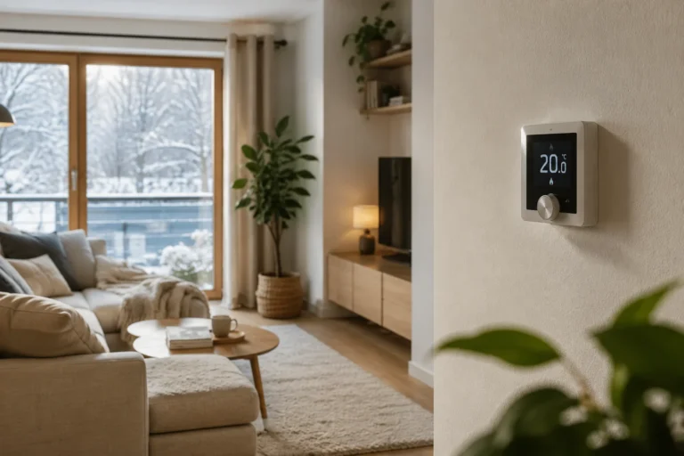 Nowoczesny salon zimą z termostatem ustawionym na 20 stopni Celsjusza