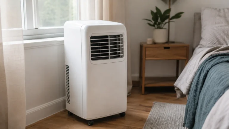 Klimatyzator przenośny ustawiony przy oknie w sypialni podczas letnich upałów
