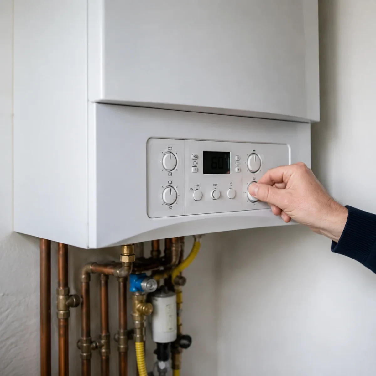 Zbliżenie na panel sterowania pieca gazowego podczas regulacji temperatury