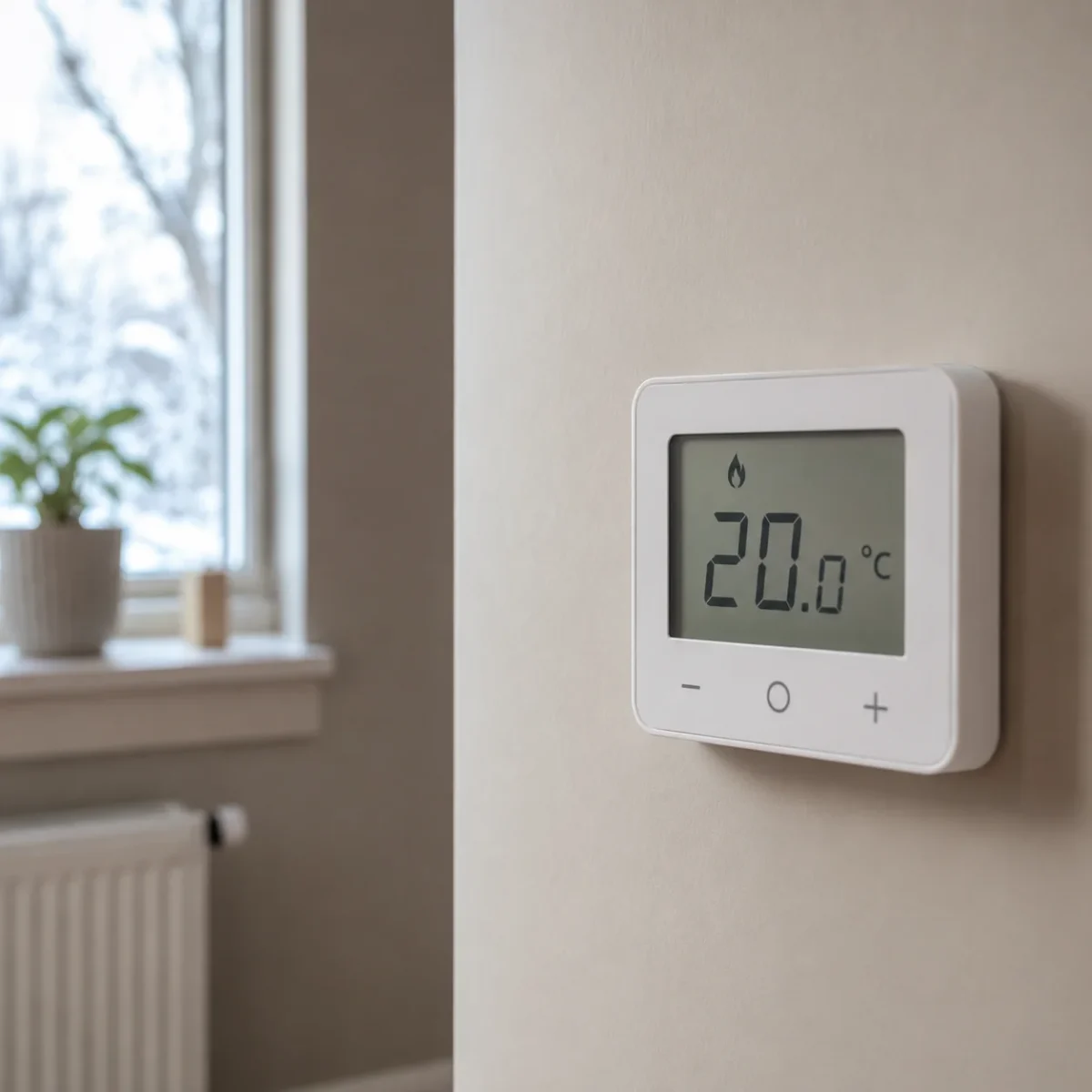 Zbliżenie na domowy termostat pokazujący temperaturę 20 stopni Celsjusza