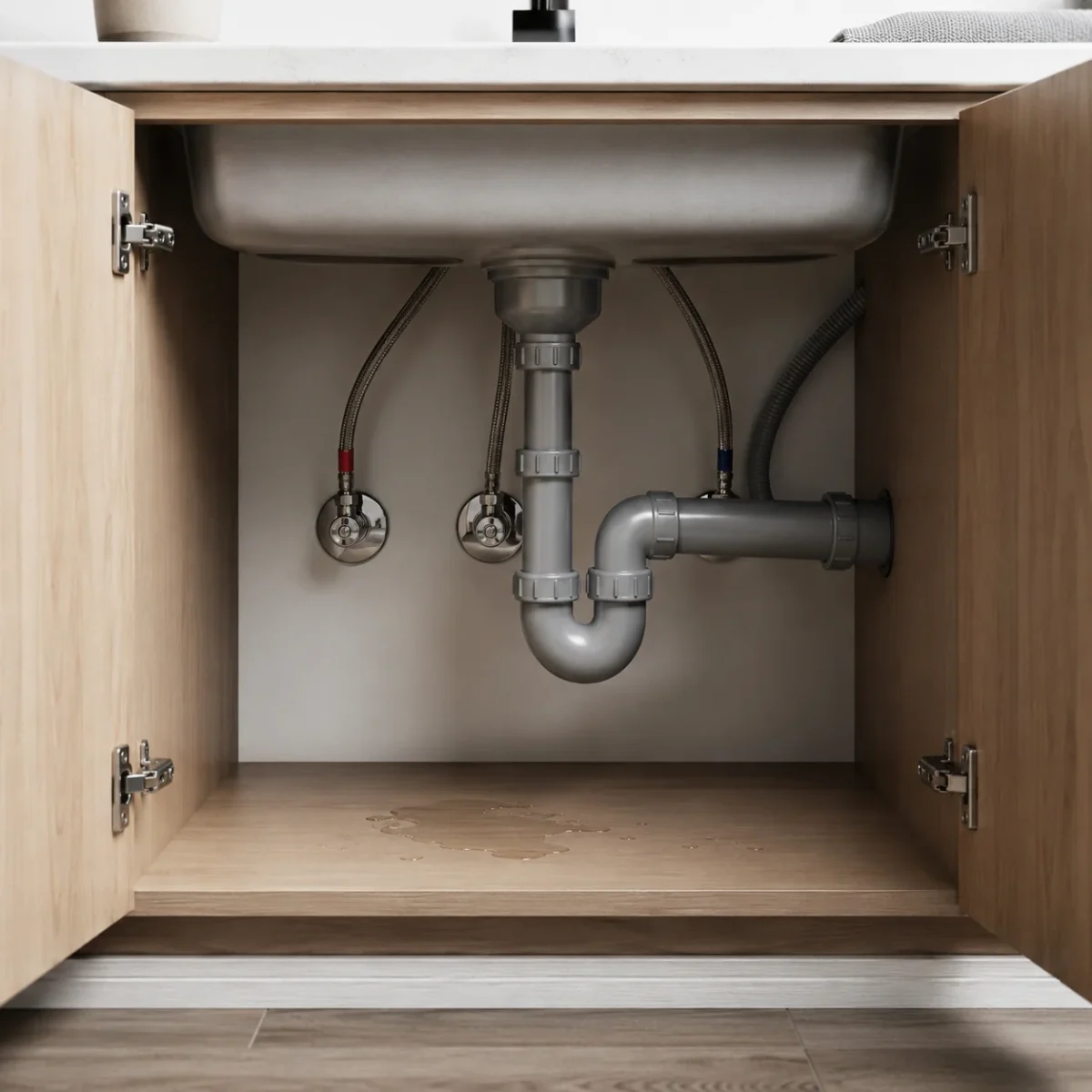 Otwarta szafka pod zlewem z widoczną instalacją hydrauliczną i śladami wycieku wody