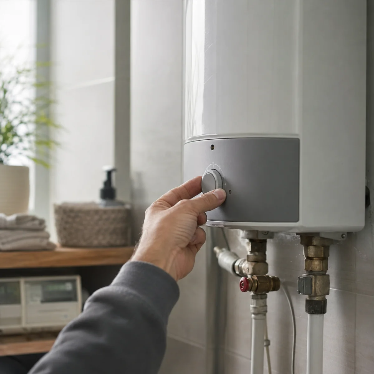 Dłoń regulująca pokrętło bojlera elektrycznego w łazience, ustawienia temperatury ciepłej wody i zużycia prądu