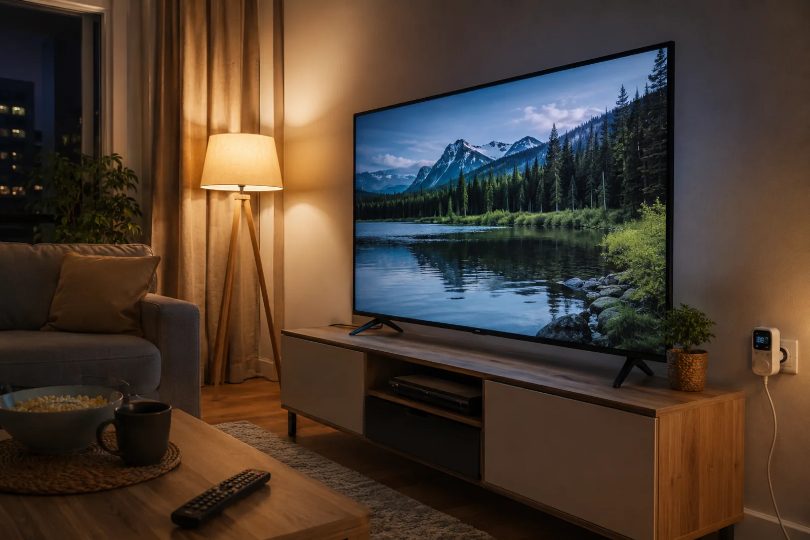 Włączony telewizor w przytulnym salonie wieczorem z miernikiem zużycia energii przy gniazdku