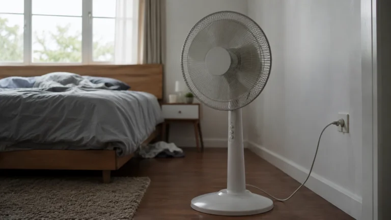 Biały wentylator stojący podłączony do gniazdka obok łóżka w jasnej sypialni