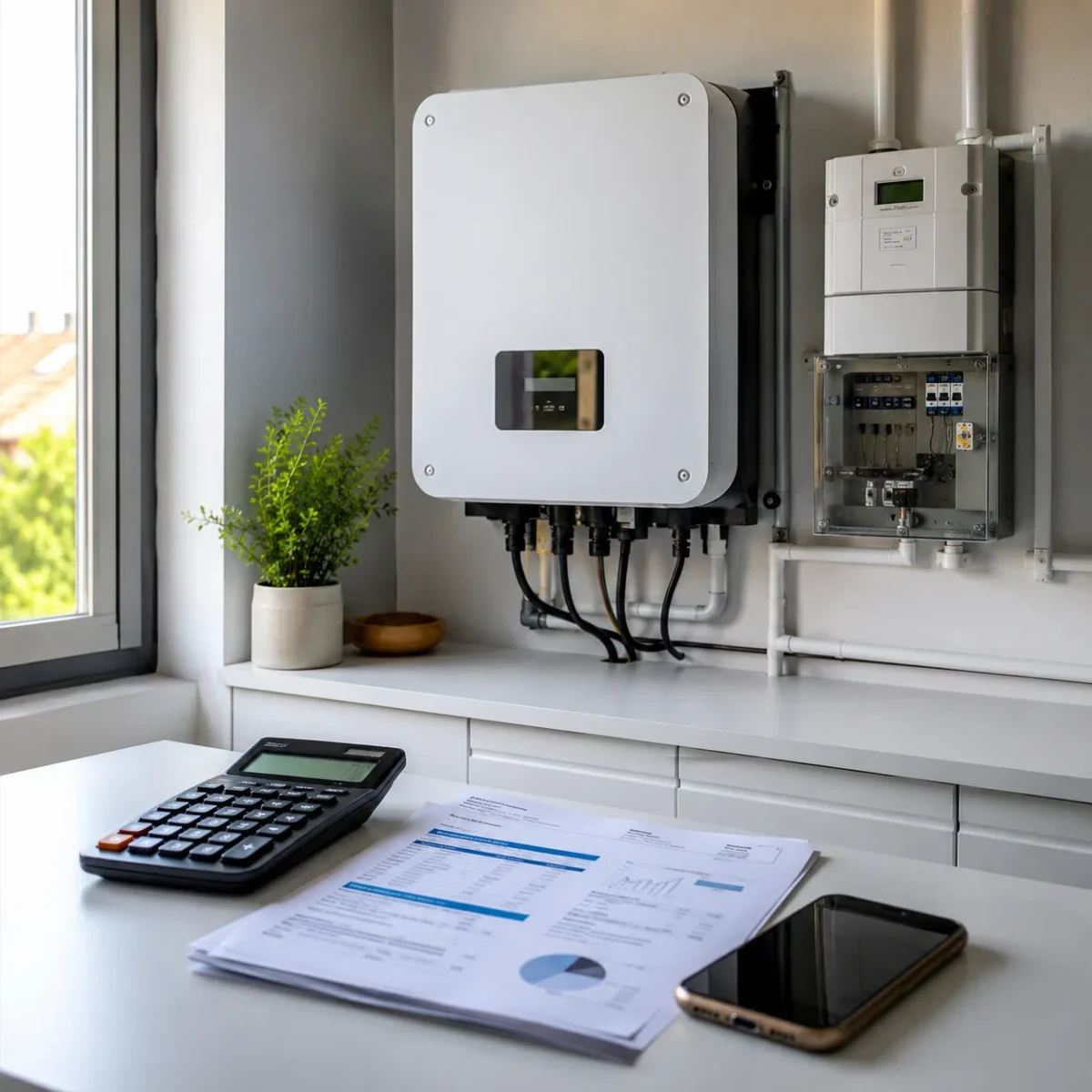 Falownik fotowoltaiczny, licznik energii i rachunki za prąd na białym blacie w domowym pomieszczeniu technicznym.