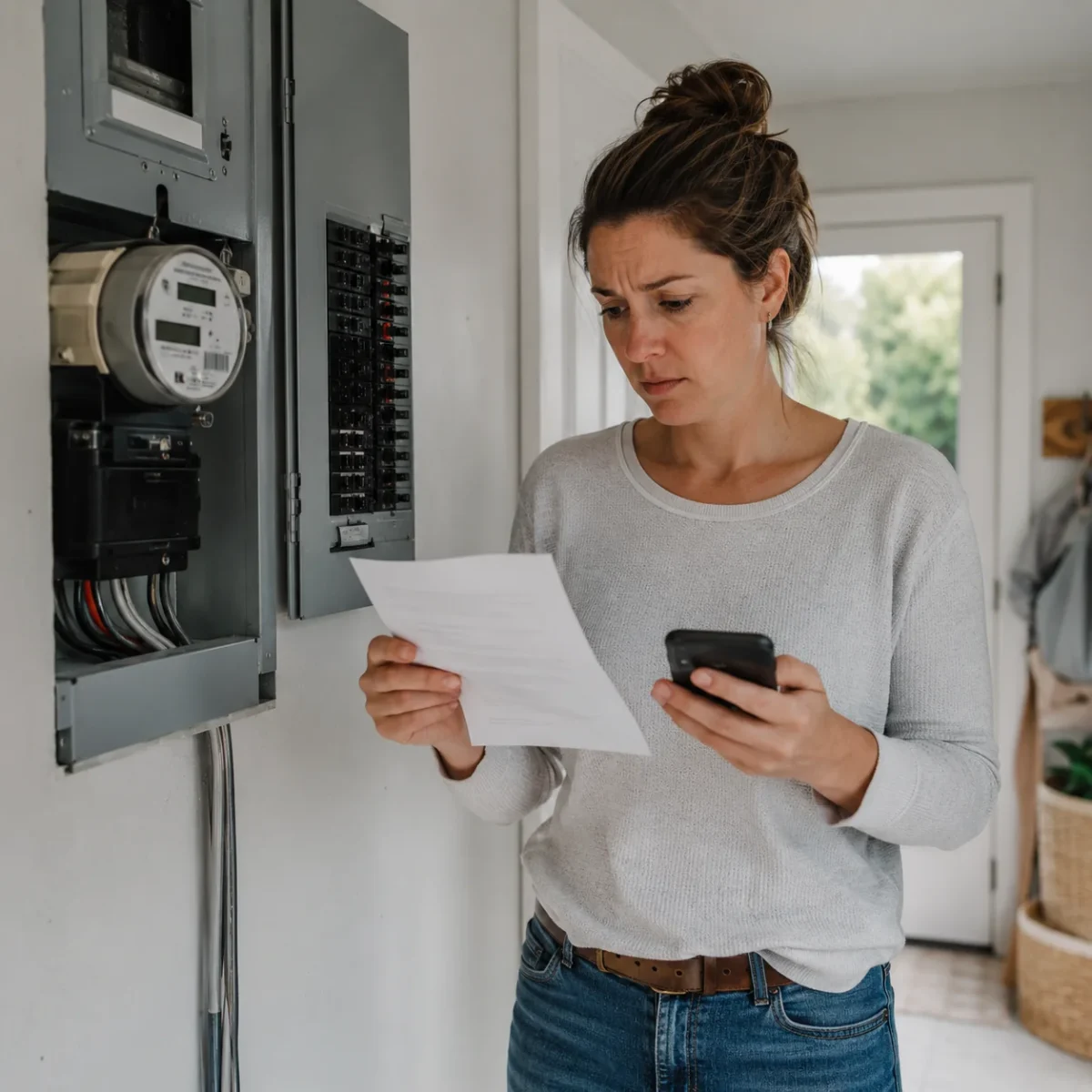 Kobieta porównuje rachunek za prąd z odczytem licznika energii elektrycznej w domu