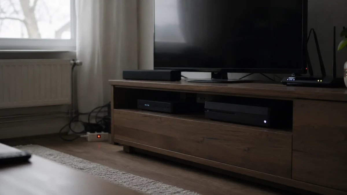 Telewizor, router i sprzęty RTV w salonie pozostawione w trybie standby