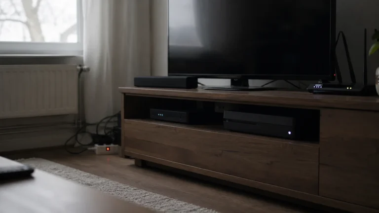 Telewizor, router i sprzęty RTV w salonie pozostawione w trybie standby